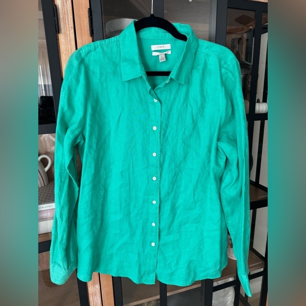 J. Crew linen button down shirt kelly green long sleeve collar perfect vintage